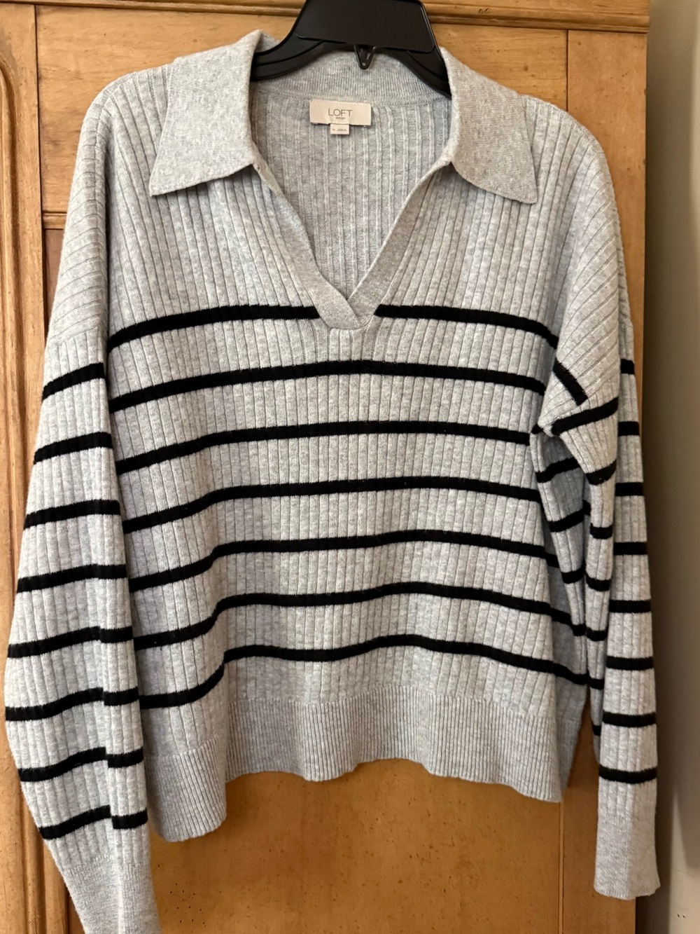 LOFT Light Gray and Black Striped Johnny Collar Sweater - Ladies M